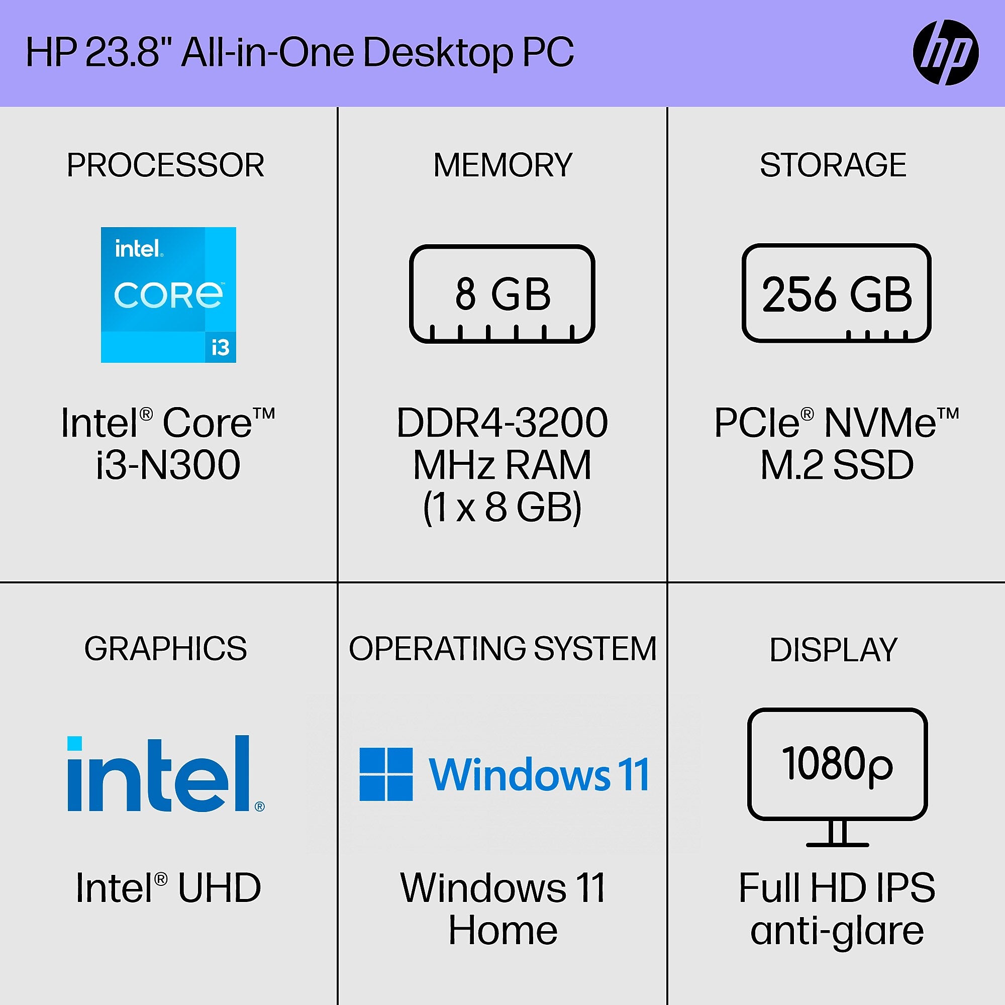 HP 24-cr0026 23.8" All-in-One Desktop Computer, Intel Core i3-N300, 8GB Memory, 256GB SSD (9W2H5AA#ABA)