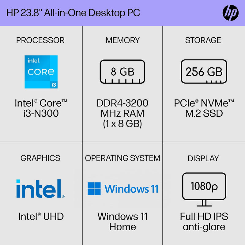 HP 24-cr0026 23.8" All-in-One Desktop Computer, Intel Core i3-N300, 8GB Memory, 256GB SSD (9W2H5AA#ABA)