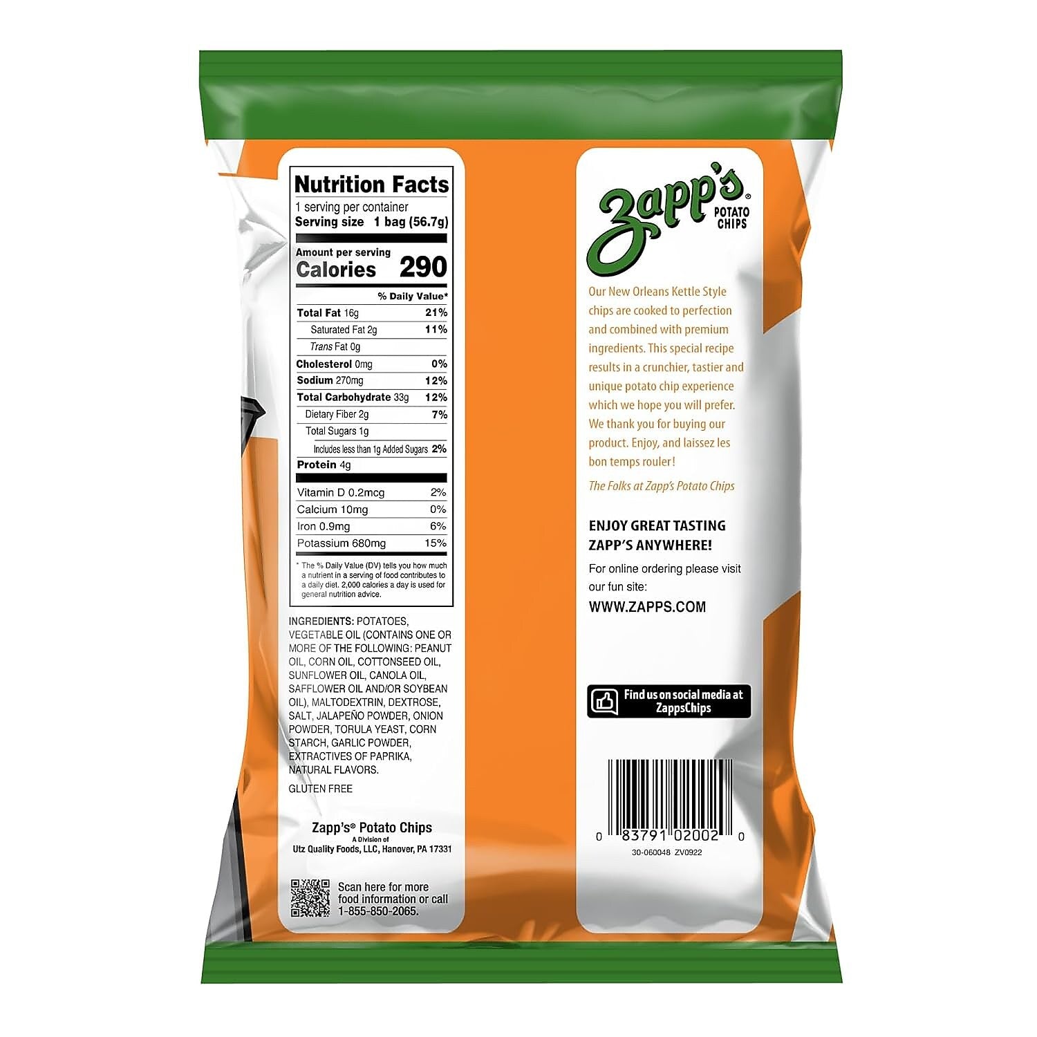 Zapp's Gluten Free Jalapeno Kettle Style Potato Chips, 2 oz., 25/Box (220-02558)