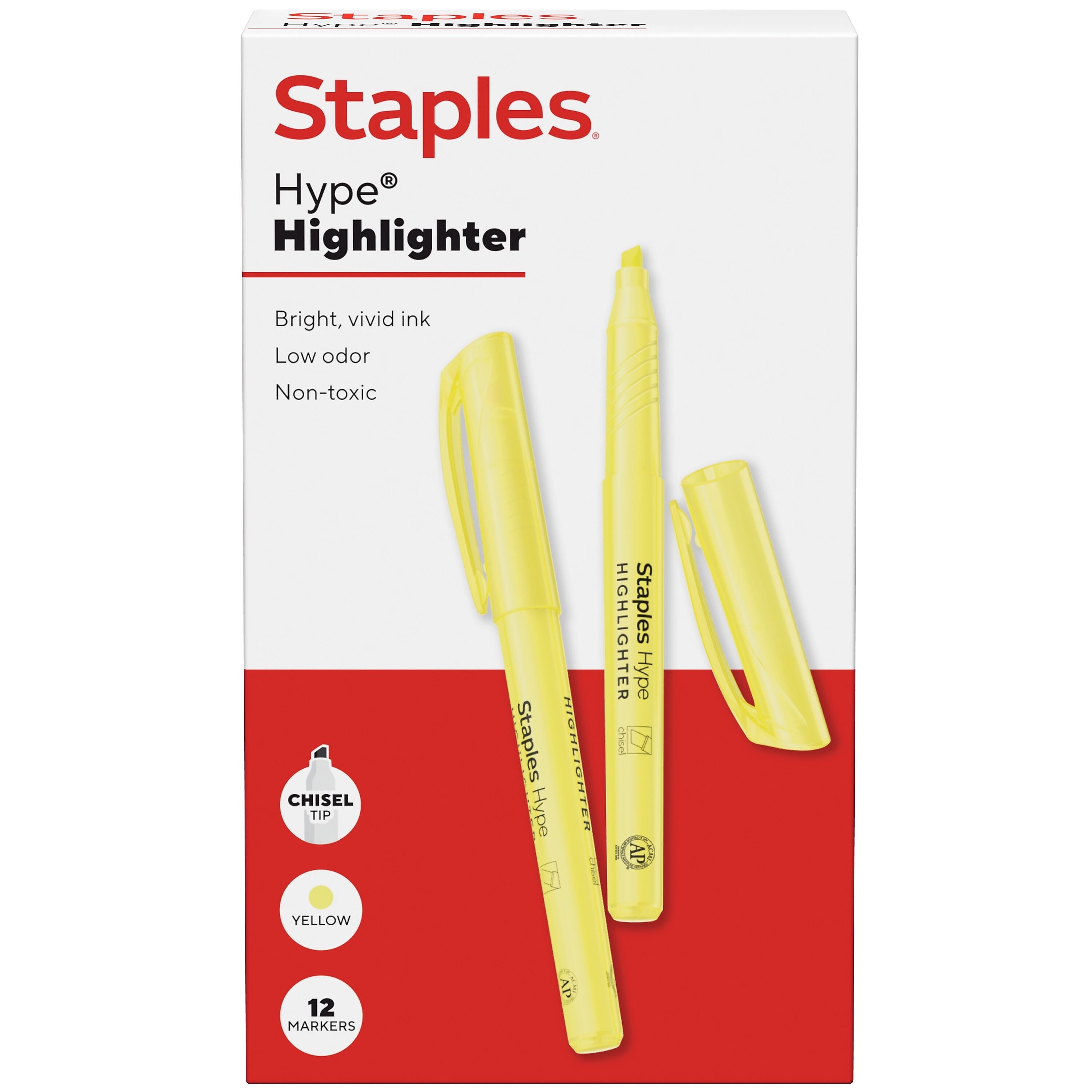Staples Hype Stick Highlighter, Chisel Tip, Yellow, 12/Pack (ST62943)