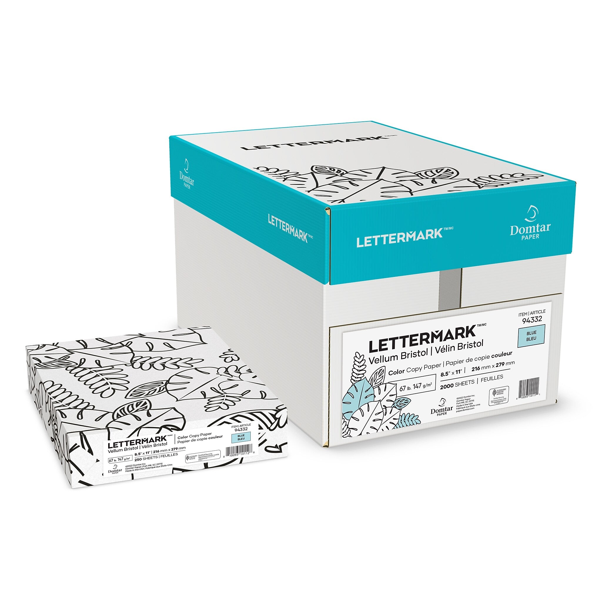 Domtar Lettermark 67 lb. Cardstock Paper, 8.5" x 11", Blue, 250 Sheets/Ream (81042)