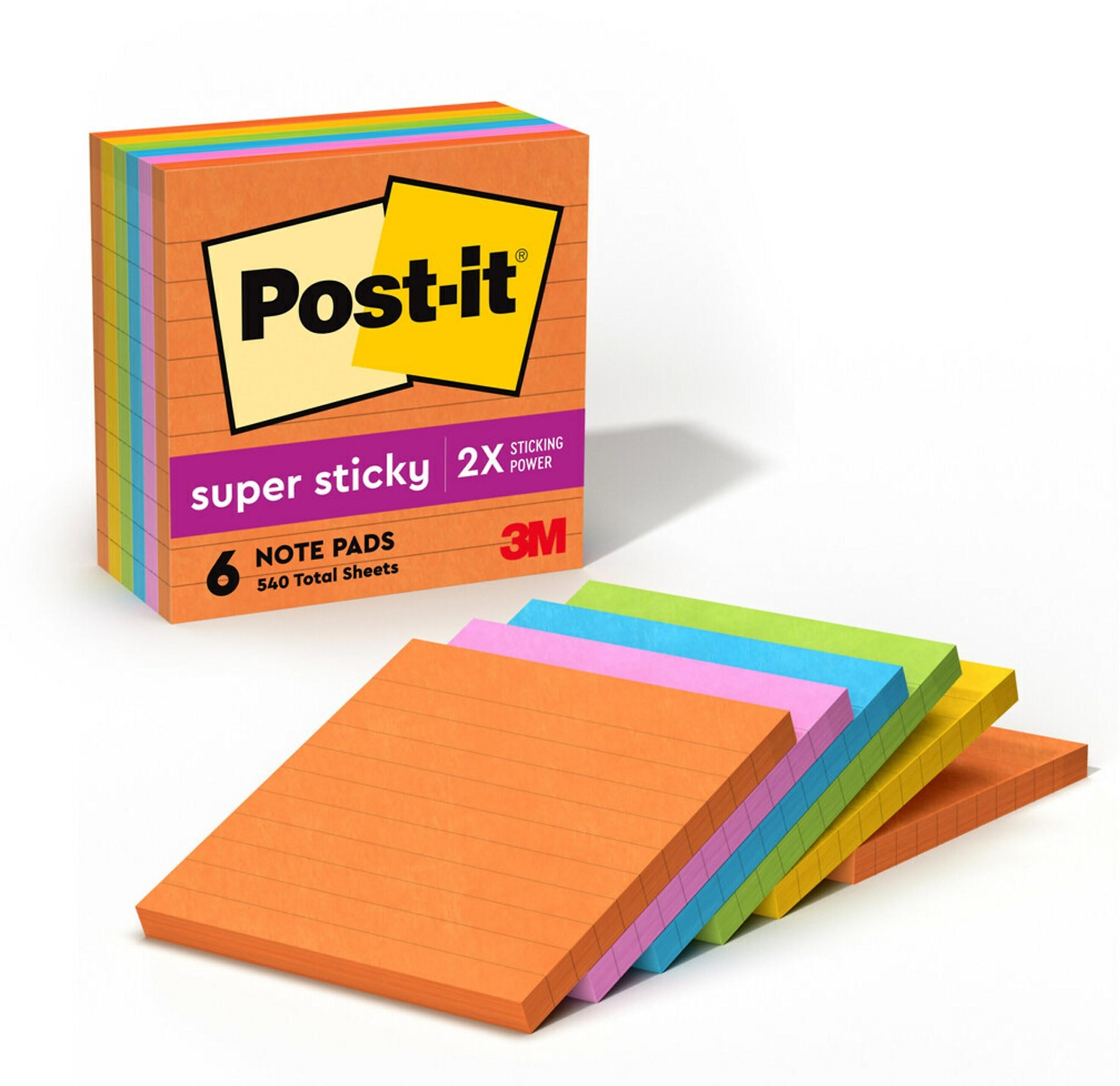 Post-it Super Sticky Notes, 4" x 4", Energy Boost Collection, Lined, 90 Sheet/Pad, 6 Pads/Pack (6756SSUC)