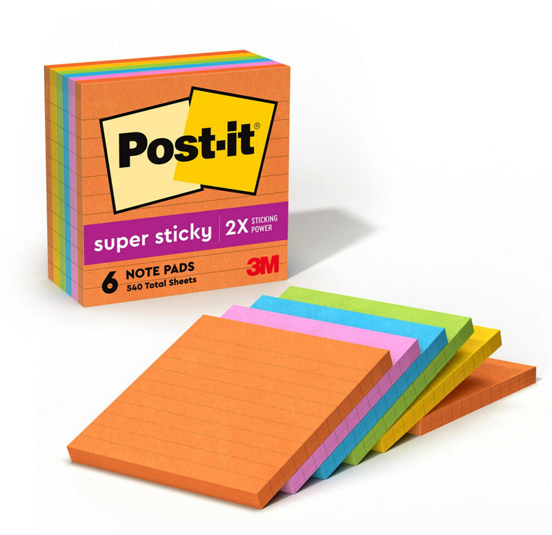 Post-it Super Sticky Notes, 4" x 4", Energy Boost Collection, Lined, 90 Sheet/Pad, 6 Pads/Pack (6756SSUC)