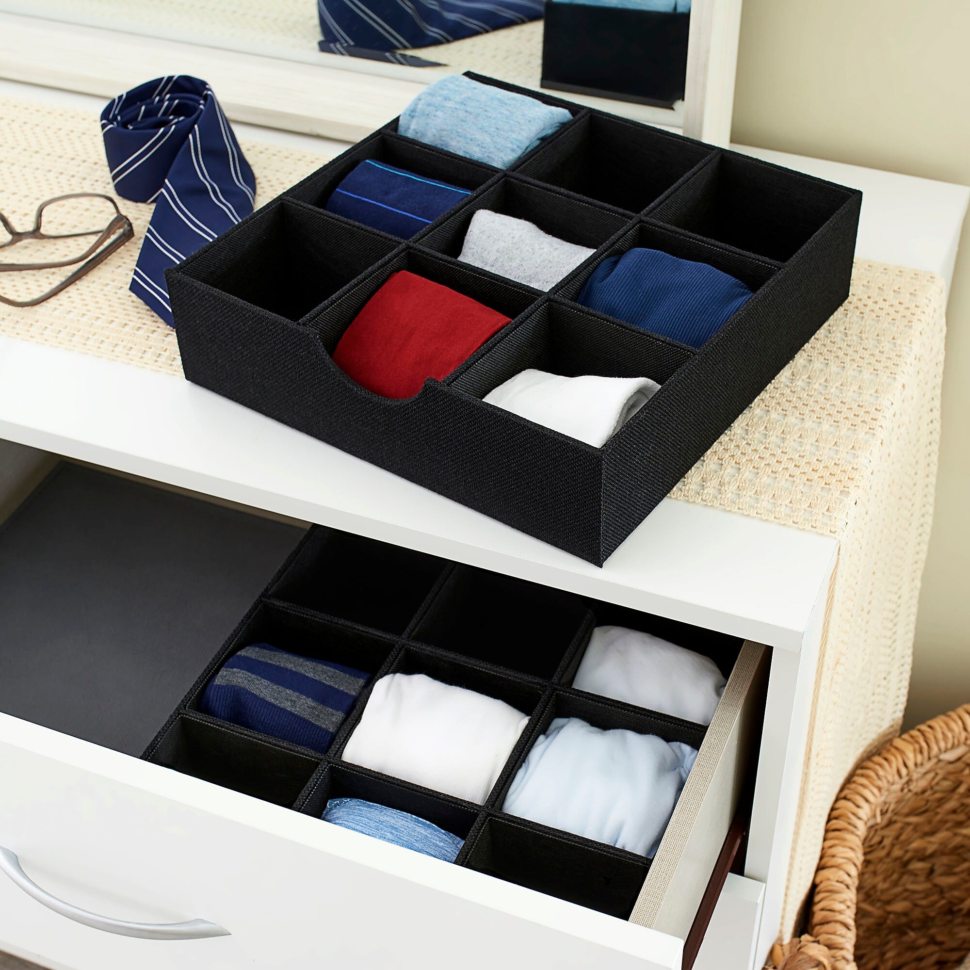 Household Essentials 9-Compartment Drawer Organizers, Black Linen, 2/Pack (7676-1)