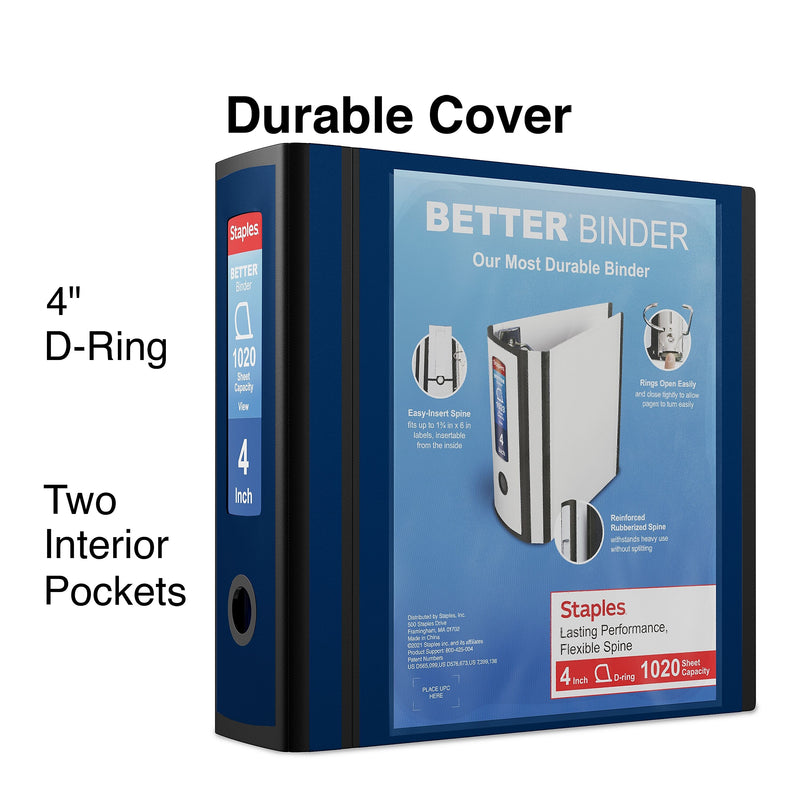 Staples 4" 3-Ring Better Binder, D-Ring, Blue (ST55816-CC)