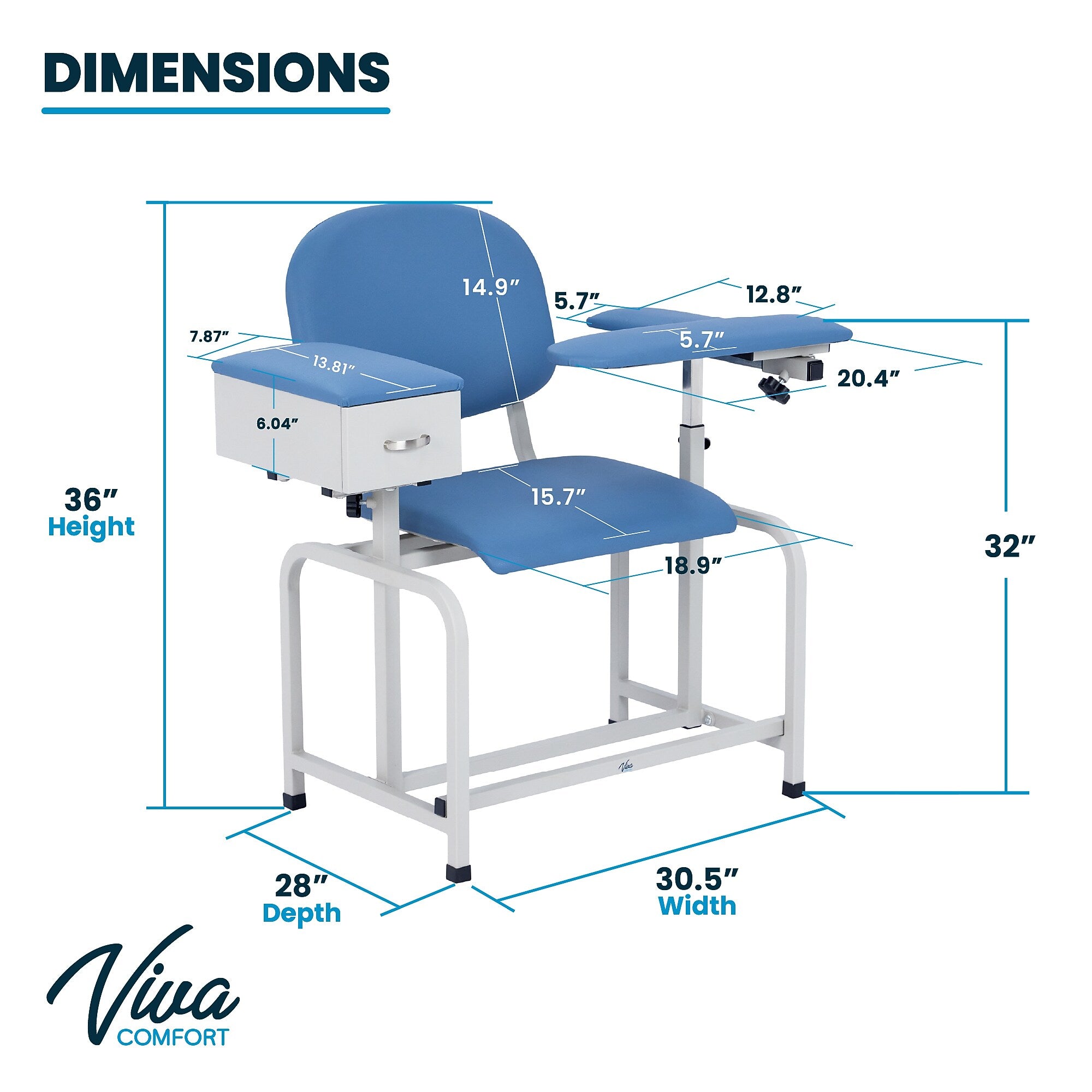Viva Comfort Adjustable Bariatric Phlebotomy Blood Drawing Chair, 500 lbs. Capacity, Blue (ADI997-01D-BLU-MK)