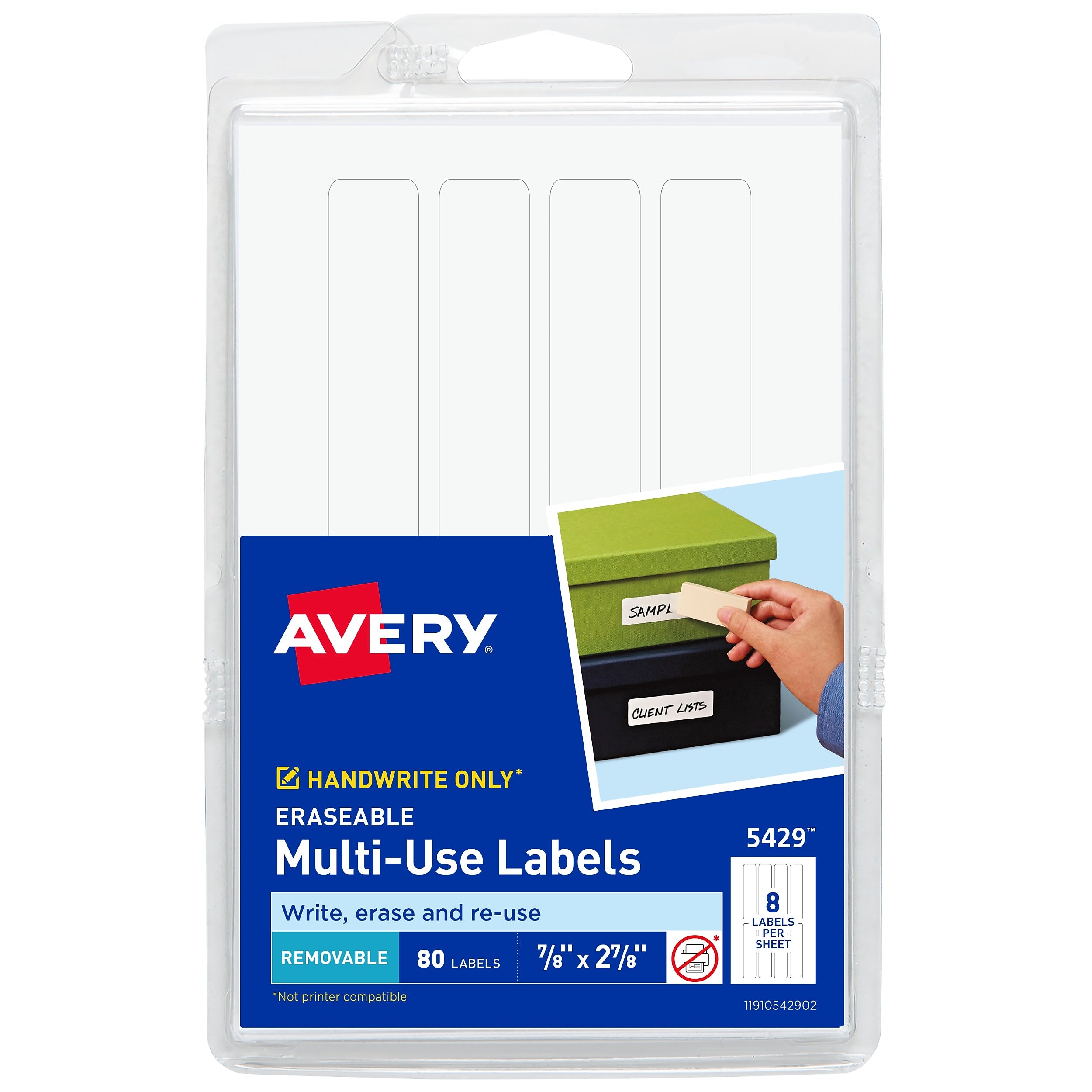 Avery Erasable Multipurpose Labels, 7/8" x 2-7/8", White, Non-Printable, 80 Labels/Pack (5429)