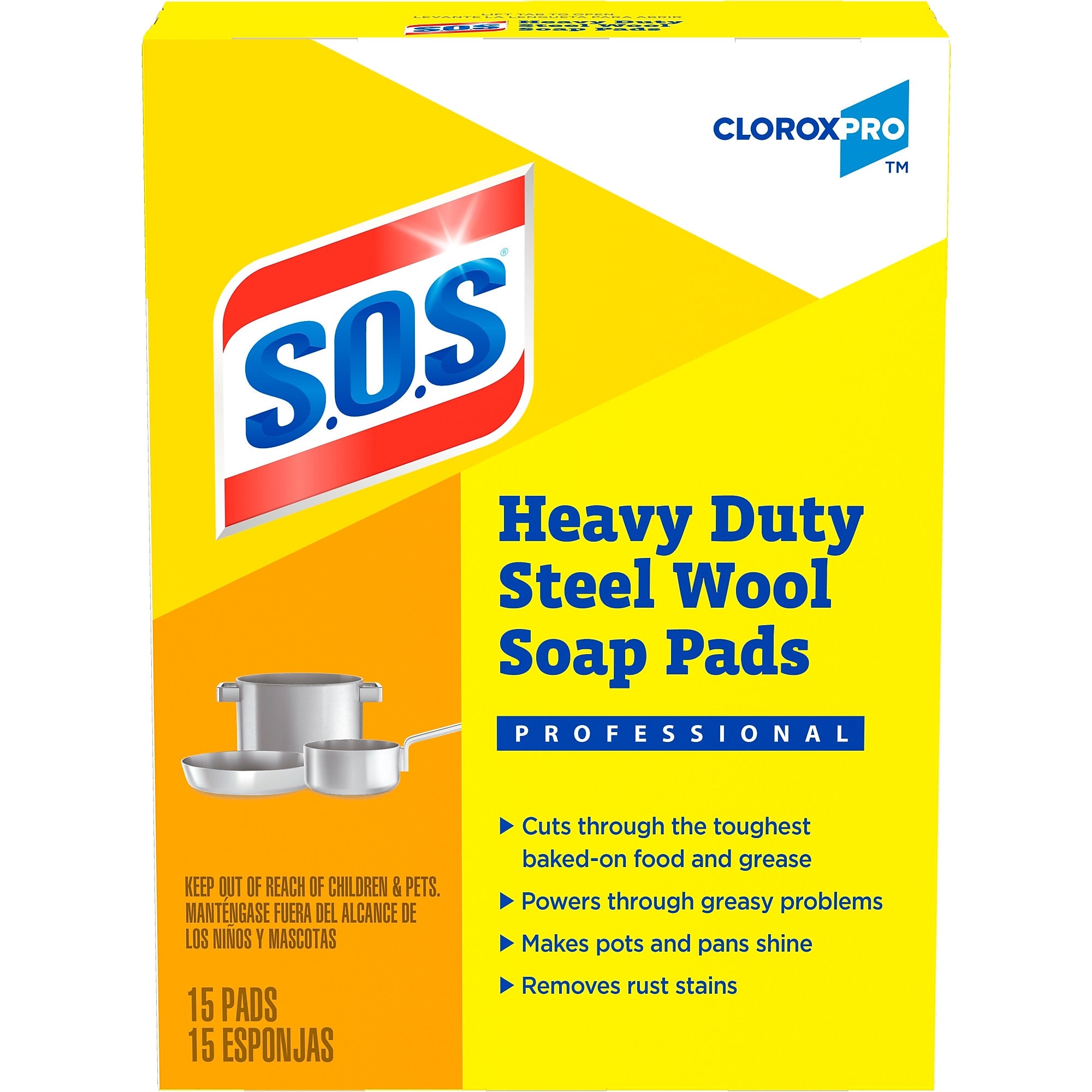 S.O.S CloroxPro Heavy Duty Steel Wool Soap Pads, Multicolored, 15 Pads/Pack (88320)