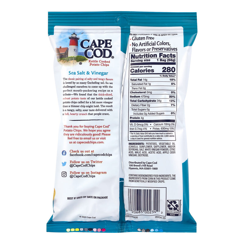 Cape Cod Gluten Free Sea Salt & Vinegar Potato Chips, 2 oz., 6/Pack (220-02565)