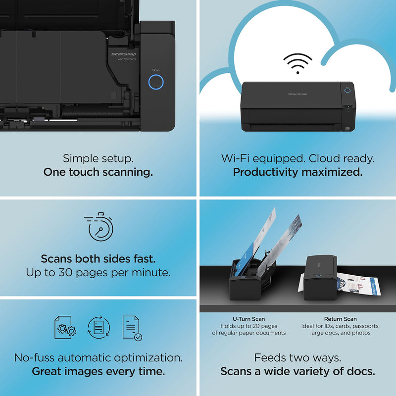 RICOH ScanSnap IX1300 Wireless Duplex Document Scanner, Black (PA03805-B105)