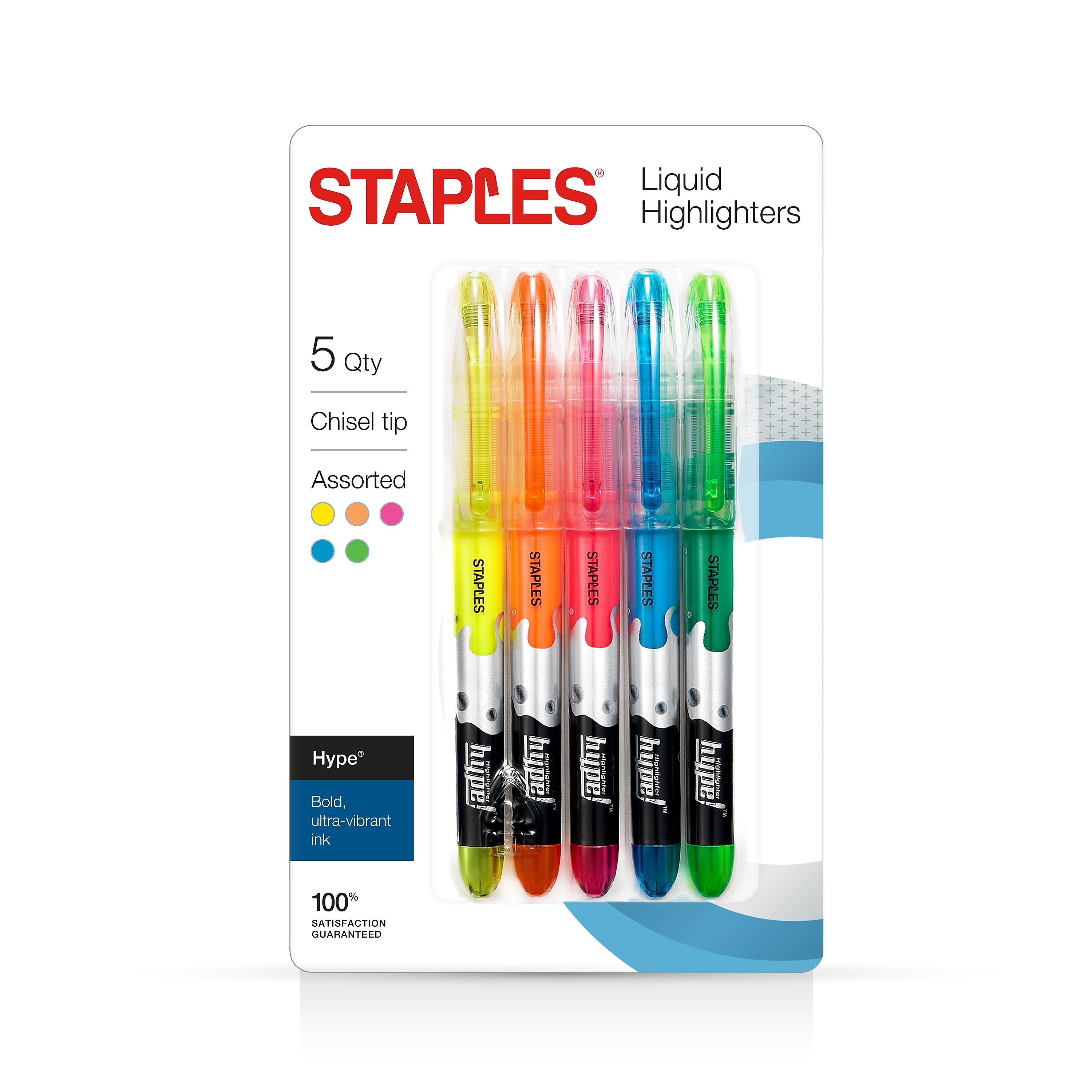 Staples® Hype Stick Highlighters, Chisel Tip, Assorted, 5/Pack (34657-CC)