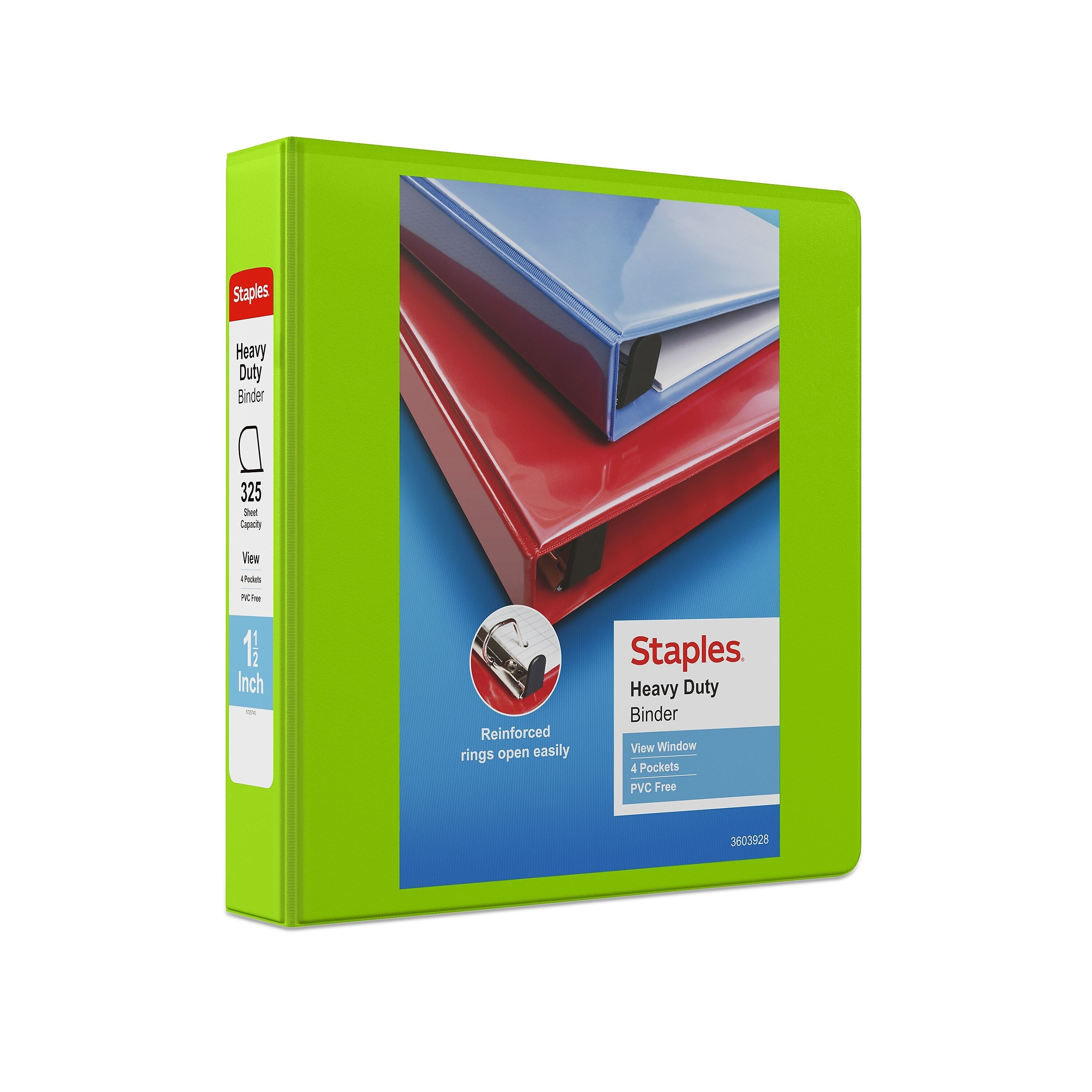 Staples Heavy Duty 1 1/2" 3-Ring View Binder, D-Ring, Chartreuse (ST56320-CC)