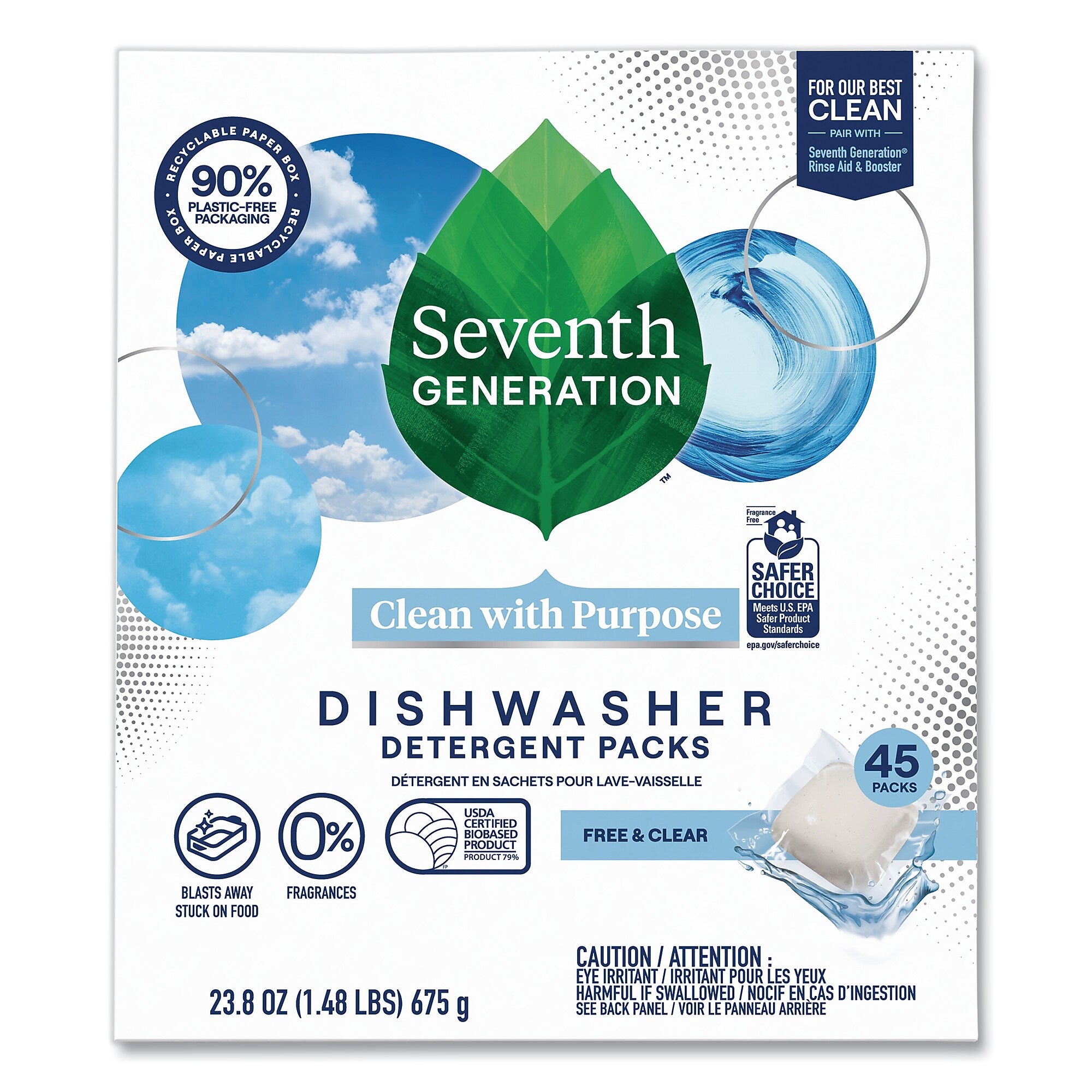 Seventh Generation Natural Automatic Dishwasher Detergent Packs, Free and Clear, 45 Powder Packets/Box, 5 Boxes/Carton