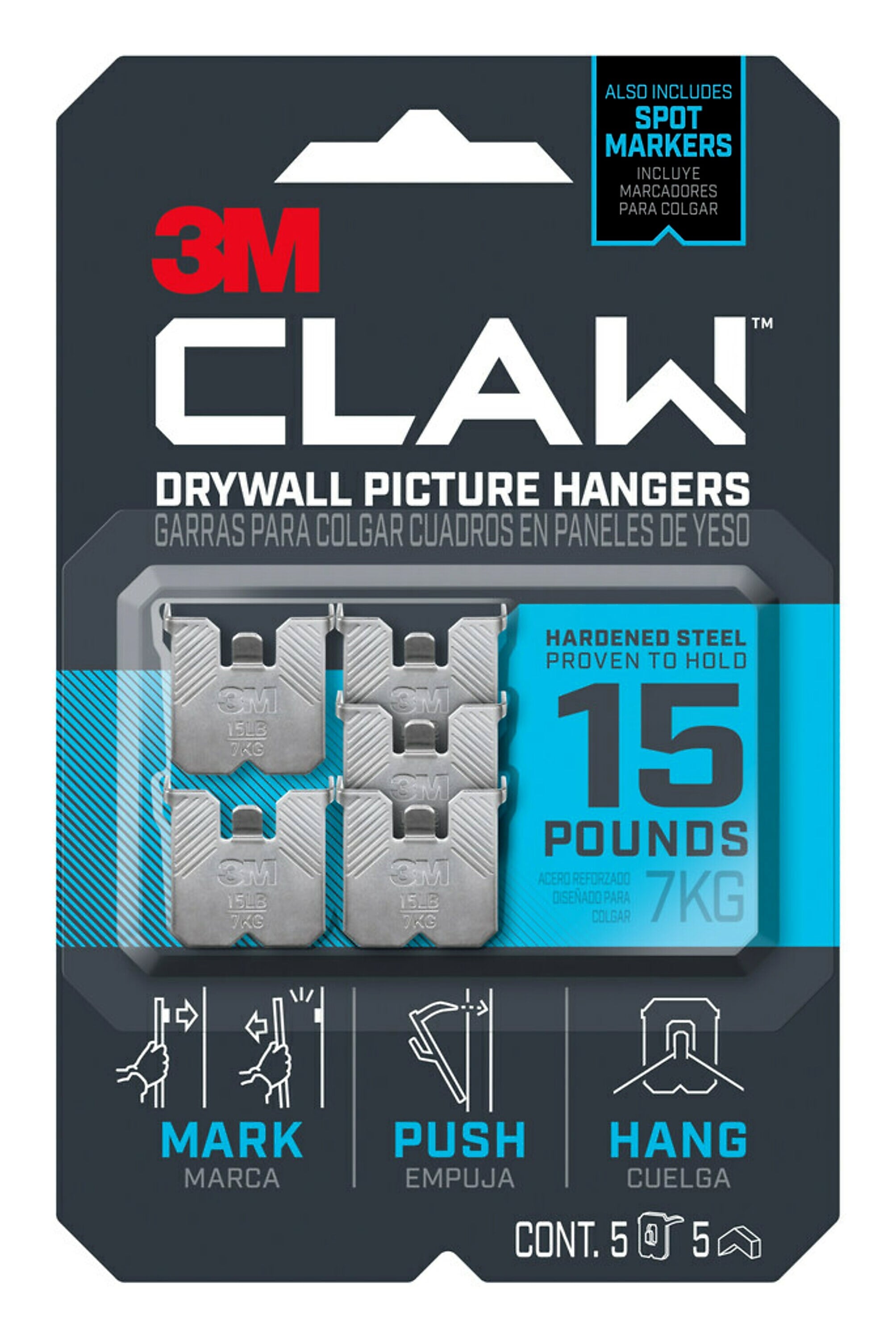 3M CLAW Medium Picture Hanger, 15 lb, Silver, 5/Pack (3PH15M5ES)