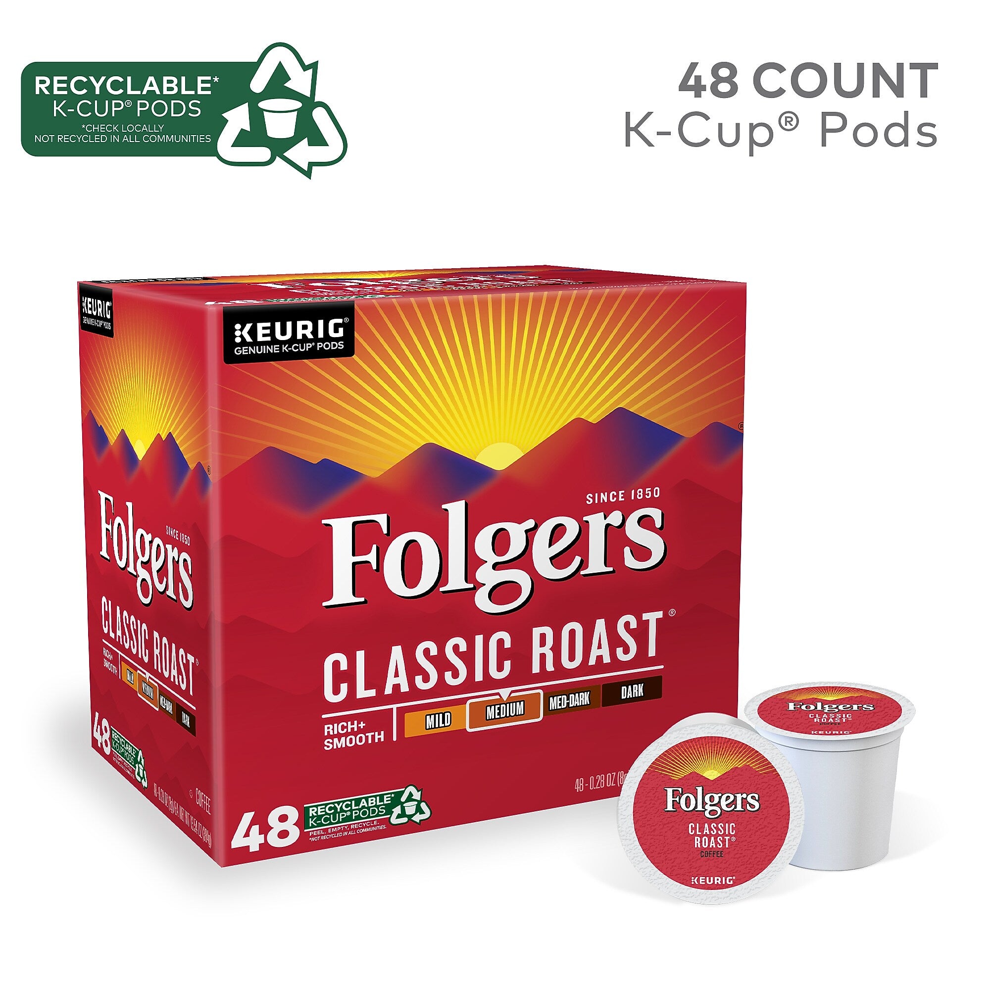 Folgers Classic Roast Coffee Keurig® K-Cup® Pods, Medium Roast, 48/Box (5000363378)