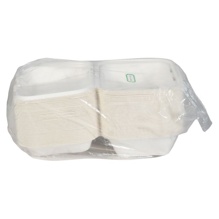 EarthChoice PFAS Free Compostable Hinged Lid Container, 9 x 6 x 3, Natural, Sugarcane, 150/Carton