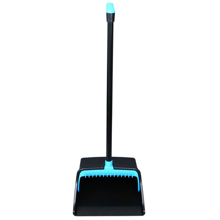 LobbyMaster Plastic Dust Pan, 12.32" Wide, 31.84" Aluminum Handle, Blue/Black, 6/Carton