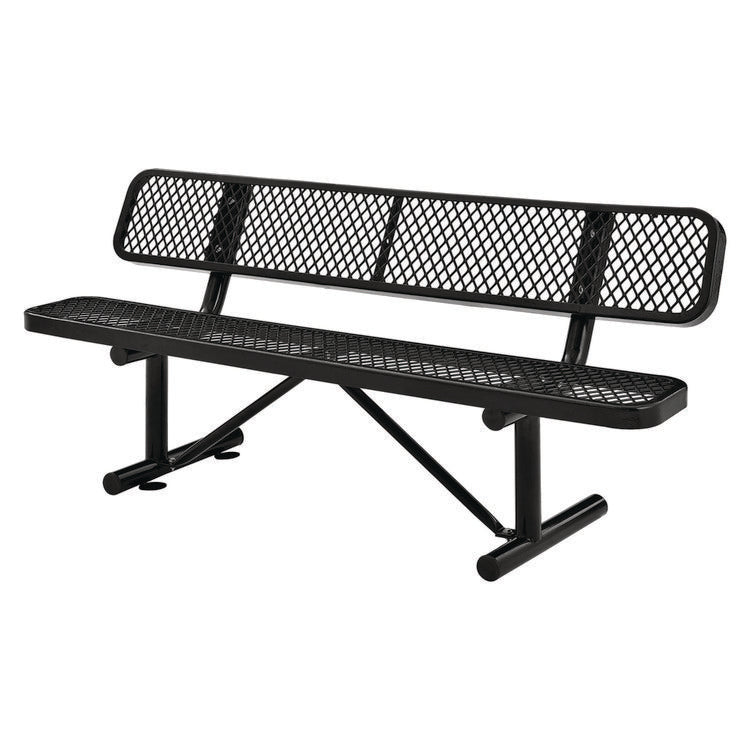 Expanded Steel Bench With Back, 72" x 24" x 33", Black Seat/Back, Black Base