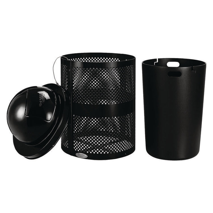 Outdoor Perforated Steel Trash Can with Dome Lid, 36 gal, Steel, Black