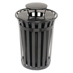 Outdoor Slatted Steel Trash Can, Rain Bonnet Lid, 36 gal, Black