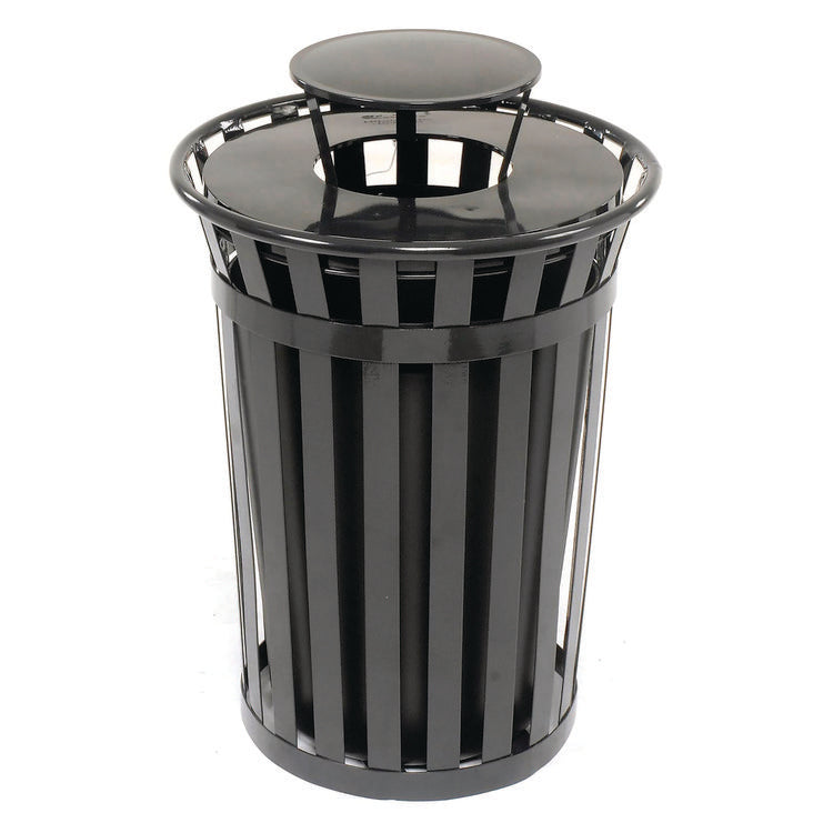 Outdoor Slatted Steel Trash Can, Rain Bonnet Lid, 36 gal, Black