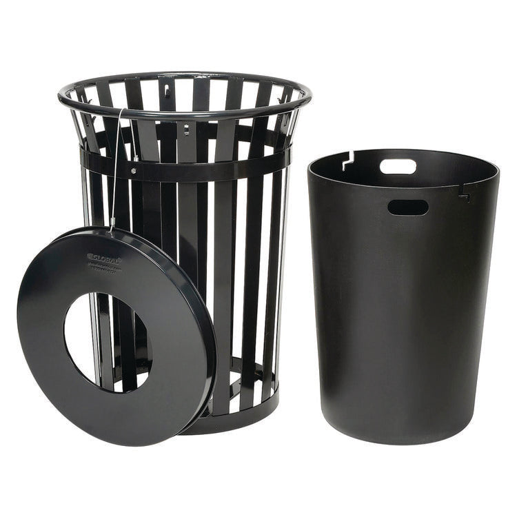 Outdoor Slatted Steel Trash Can, 36 gal, Black