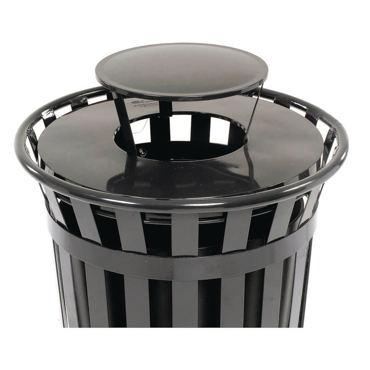 Outdoor Slatted Steel Trash Can, Rain Bonnet Lid, 36 gal, Black