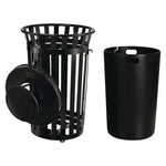 Outdoor Slatted Steel Trash Can, With Access Door and Rain Bonnet Lid, 36 gal, Black