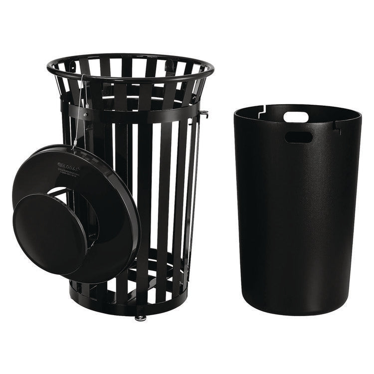 Outdoor Slatted Steel Trash Can, With Access Door and Rain Bonnet Lid, 36 gal, Black