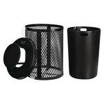 Outdoor Diamond Steel Trash Can, Rain Bonnet Lid, 36 gal, Black