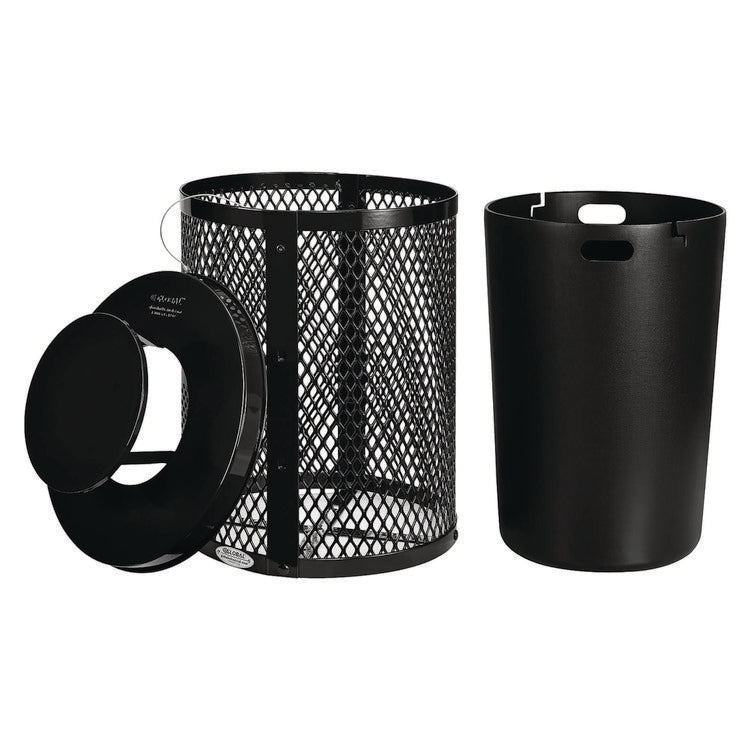 Outdoor Diamond Steel Trash Can, Rain Bonnet Lid, 36 gal, Black