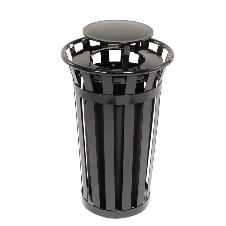 Outdoor Slatted Steel Trash Can, Rain Bonnet Lid, 24 gal, Black