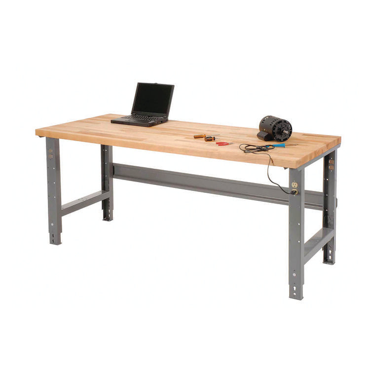 Standard Duty Butcher Block Top Adjustable Height Workbench, 2,000 lbs, 72 x 30 x 30.88 to 36.88, Maple/Gray