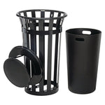Outdoor Slatted Steel Trash Can, Rain Bonnet Lid, 24 gal, Black