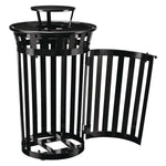 Outdoor Slatted Steel Trash Can, With Access Door and Rain Bonnet Lid, 36 gal, Black