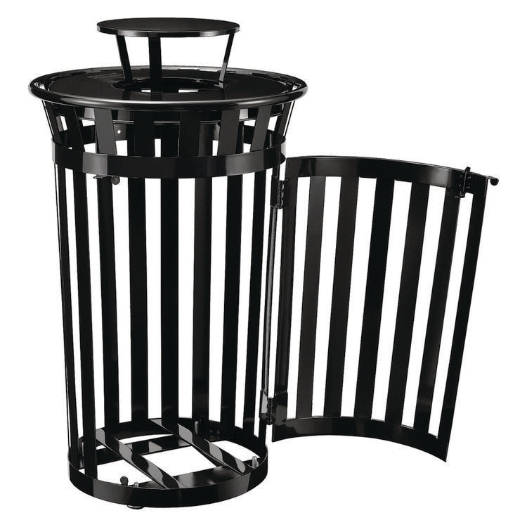 Outdoor Slatted Steel Trash Can, With Access Door and Rain Bonnet Lid, 36 gal, Black