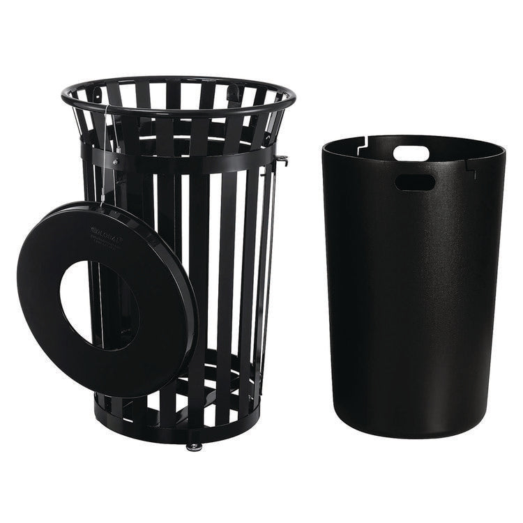 Outdoor Slatted Steel Trash Can, With Access Door, 36 gal, Steel Black