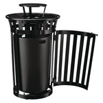 Outdoor Slatted Steel Trash Can, With Access Door and Rain Bonnet Lid, 36 gal, Black