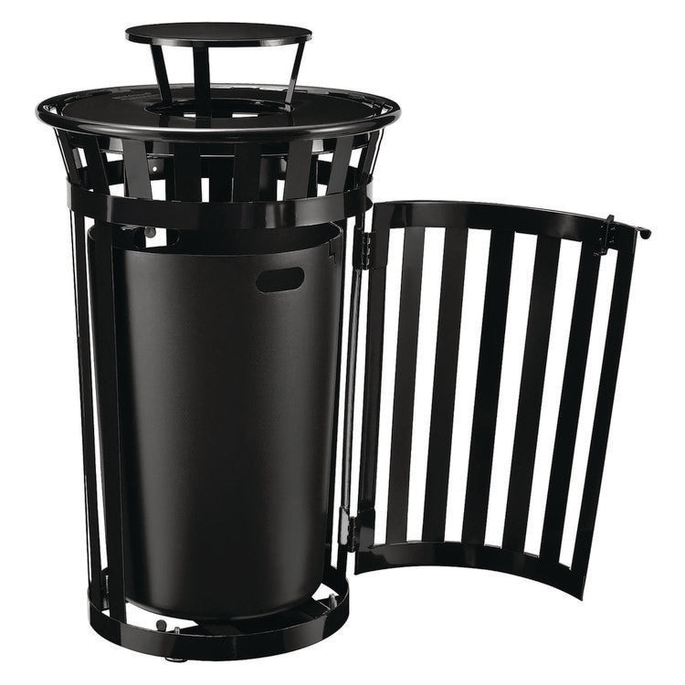 Outdoor Slatted Steel Trash Can, With Access Door and Rain Bonnet Lid, 36 gal, Black