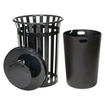 Outdoor Slatted Steel Trash Can, Rain Bonnet Lid, 36 gal, Black