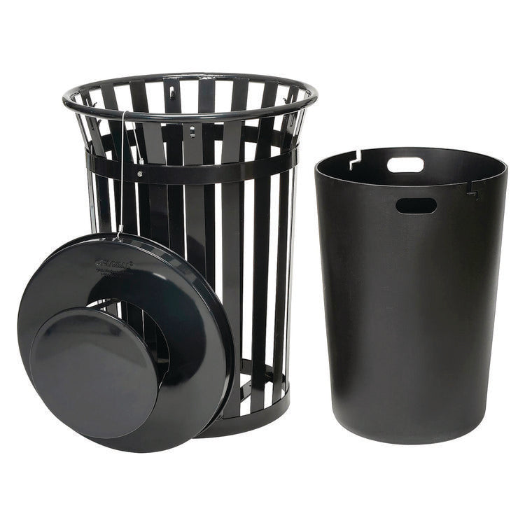 Outdoor Slatted Steel Trash Can, Rain Bonnet Lid, 36 gal, Black