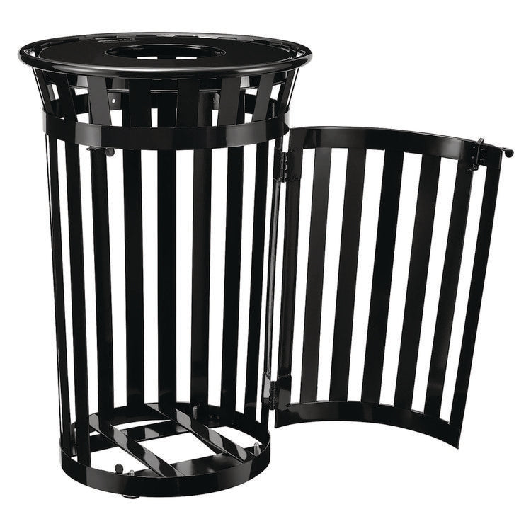 Outdoor Slatted Steel Trash Can, With Access Door, 36 gal, Steel Black