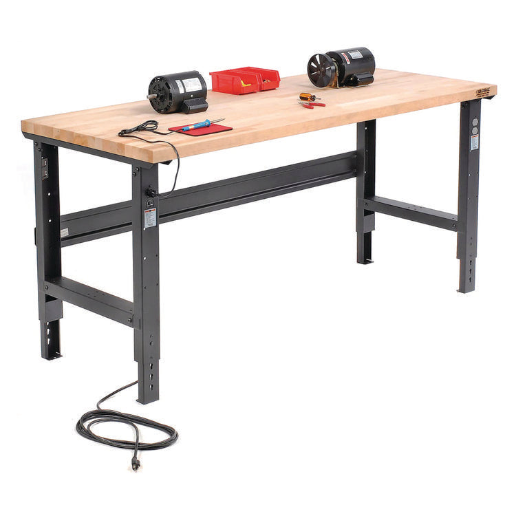 Standard Duty Butcher Block Top Adjustable Height Workbench, 2,000 lbs, 72 x 30 x 30.88 to 36.88, Maple/Black