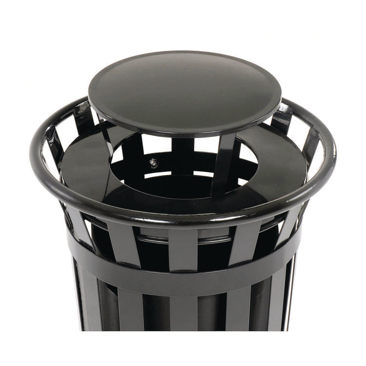 Outdoor Slatted Steel Trash Can, Rain Bonnet Lid, 24 gal, Black