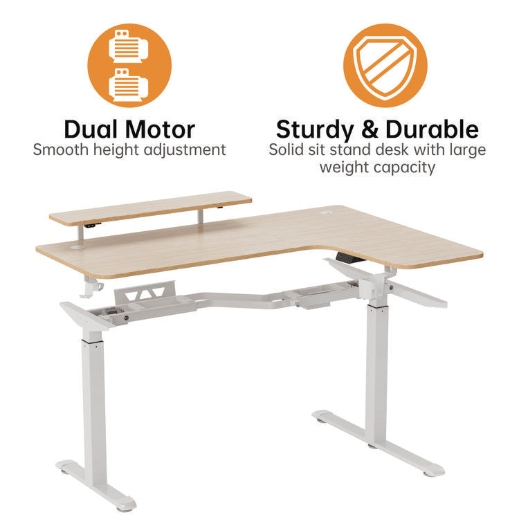 L-Shaped Standing Desk with Keyboard Tray, Right Desk, 61.25" x 43.25" x 34.38" to 52.88", Maple White/White