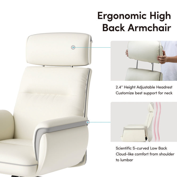 Royal Executive Office Chair, Support up to 300 lb, 19.46"-22.26" Seat Height, White PU Leather Seat, White Faux Leather Back