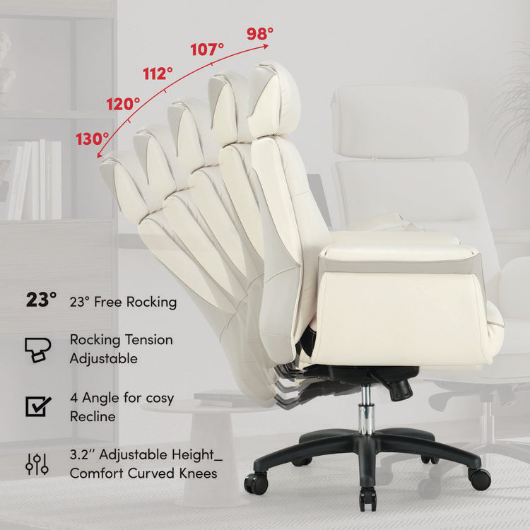 Royal Executive Office Chair, Support up to 300 lb, 19.46"-22.26" Seat Height, White PU Leather Seat, White Faux Leather Back