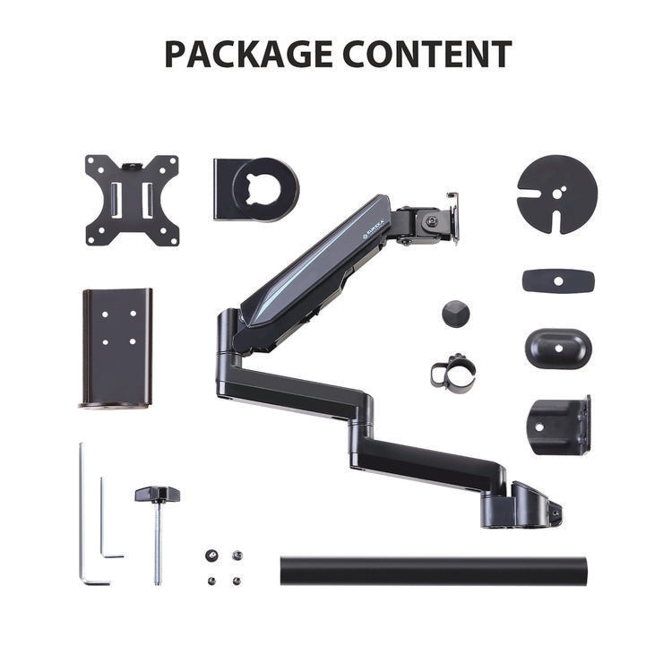 Single Monitor Arm, For 32" Monitors, 90 deg Rotation, 35 deg Tilt, 360 deg Pan, Black, Supports 17.6 lbs