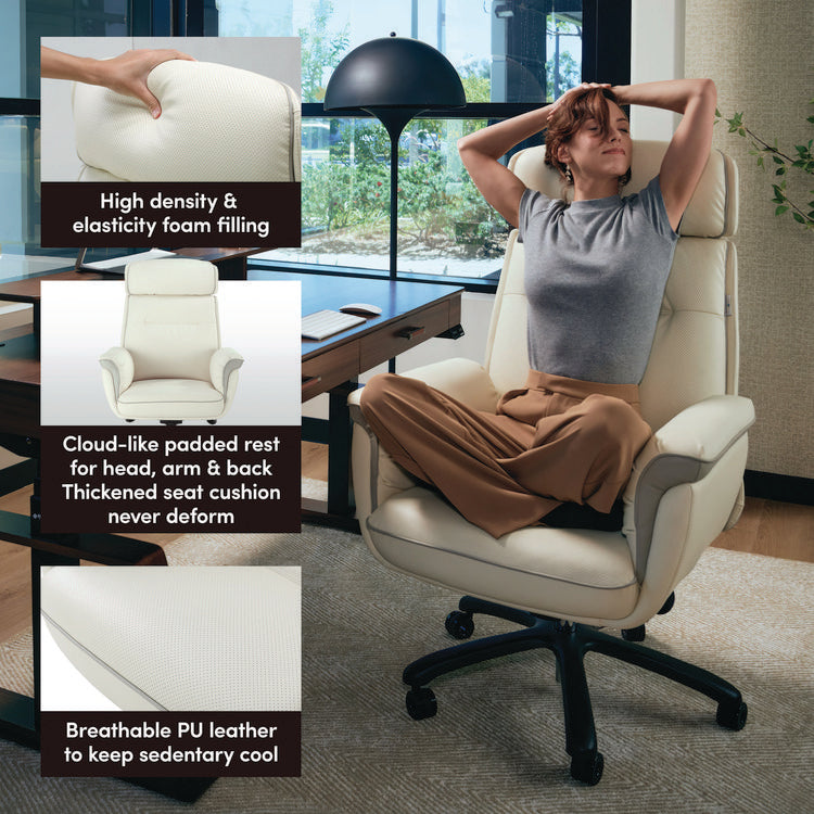 Royal Executive Office Chair, Support up to 300 lb, 19.46"-22.26" Seat Height, White PU Leather Seat, White Faux Leather Back