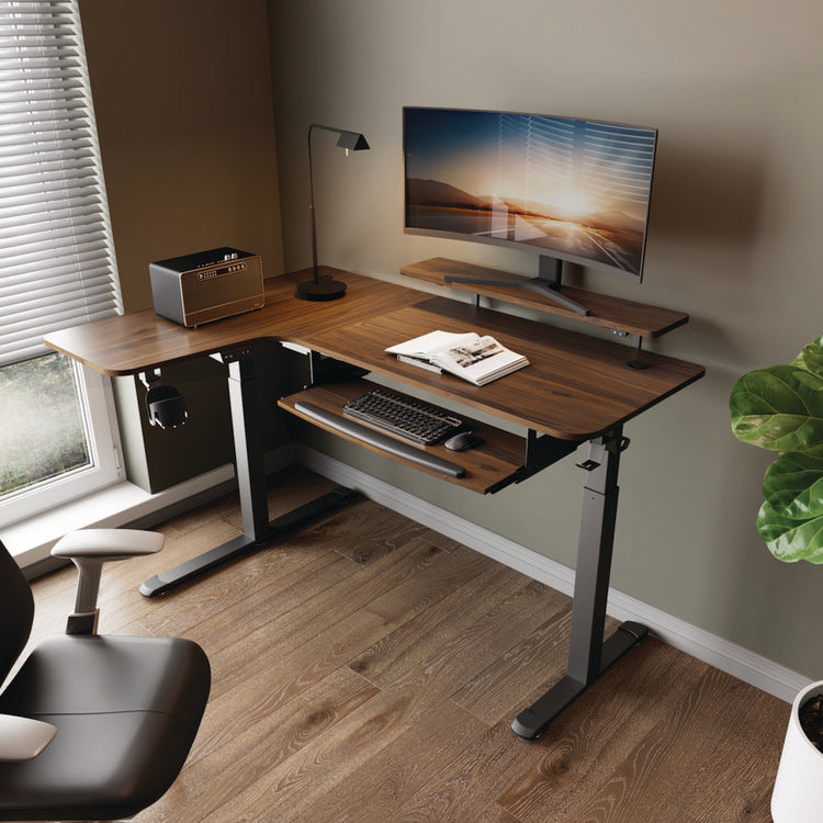 L-Shaped Standing Desk with Keyboard Tray, Left Desk, 61.25" x 43.25" x 34.38" to 52.88", Walnut/Black